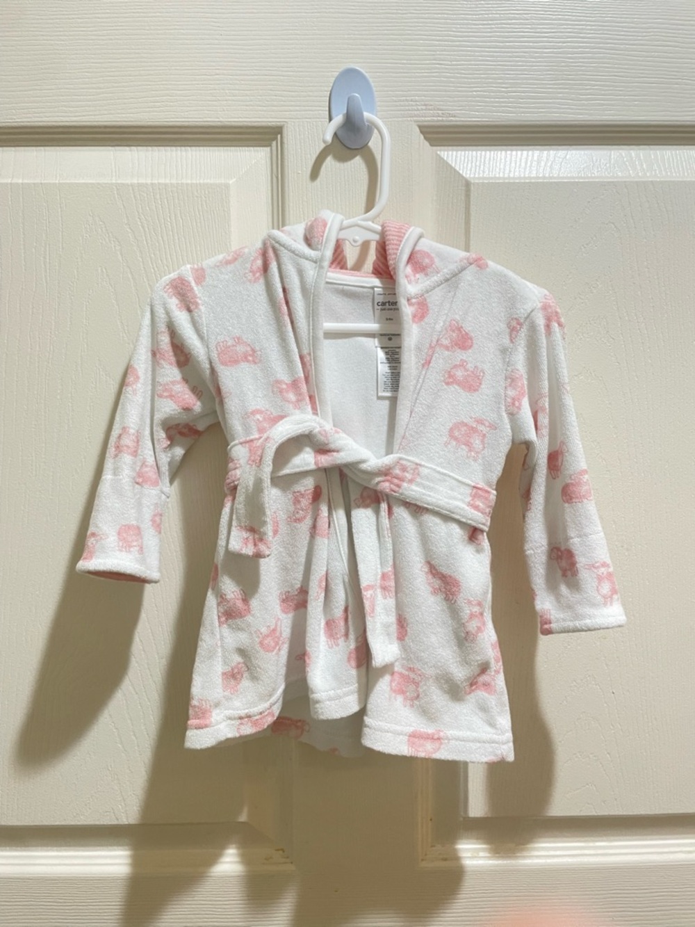 Carter's White and Pink Sheep Hooded Plush Baby Robe with Tie Belt
